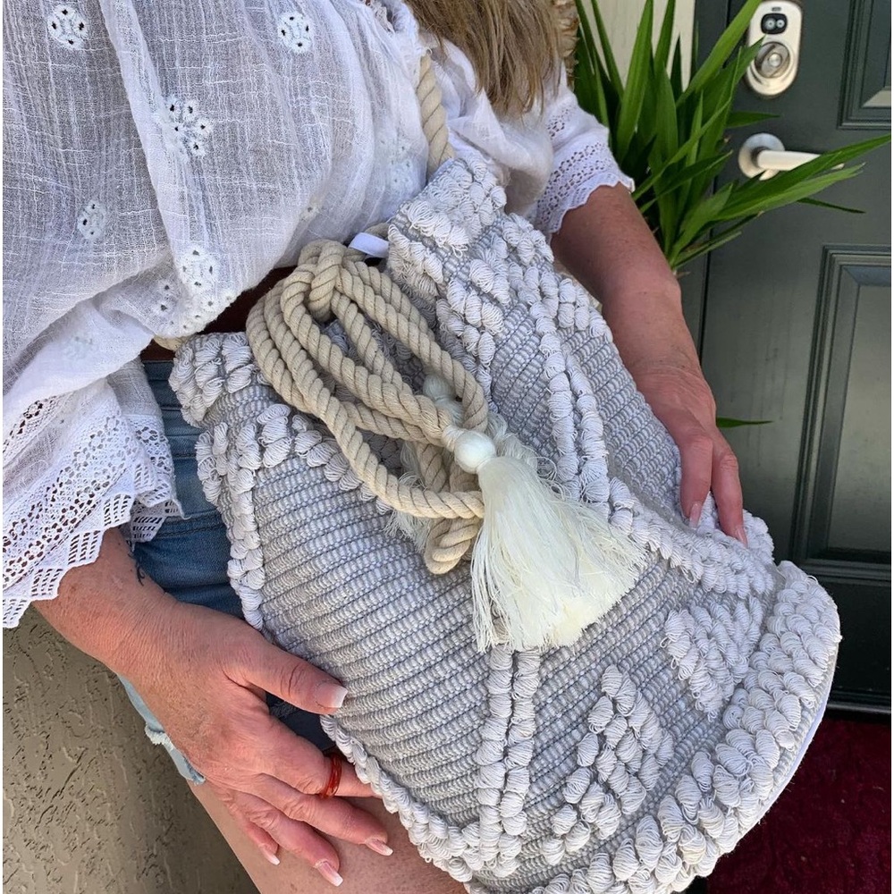 White and grey 100% crochet hand bag.